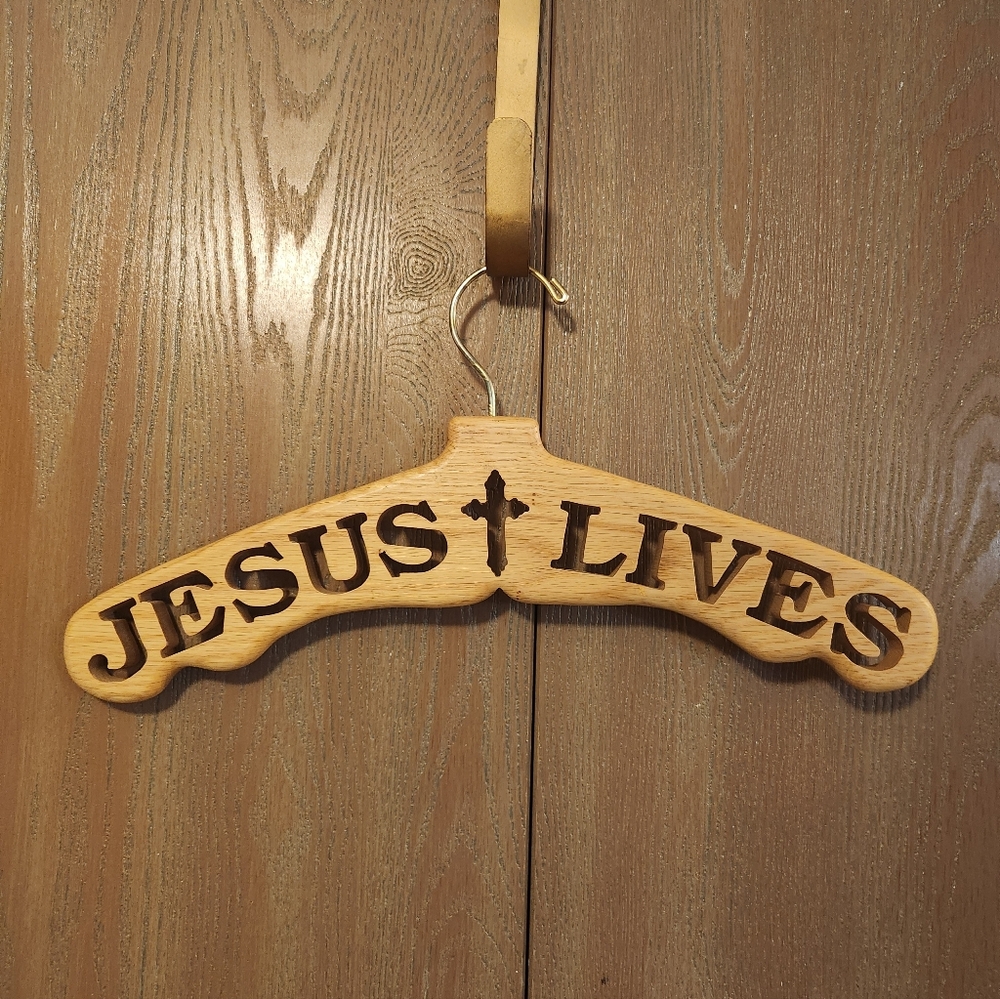Solid Wood Religious Cross JESUS LIVES Cut Out 17" Wooden Clothing Hanger